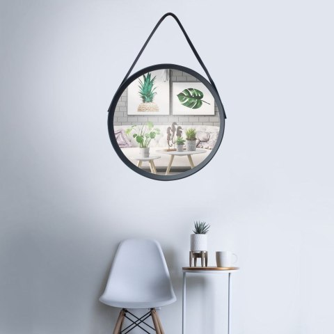 Lustro ścienne okrągłe na pasku do zawieszenia w czarnej ramie czarne 52 cm Lustro ścienne okrągłe na pasku do zawieszenia w czarnej ramie czarne 52 cm