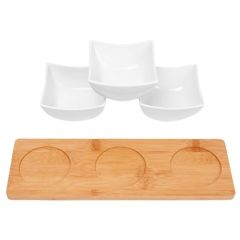 Miseczki miski do dipów przekąsek porcelanowe na desce bambusowej zestaw 4 el. Miseczki miski do dipów przekąsek porcelanowe na desce bambusowej zestaw 4 el.