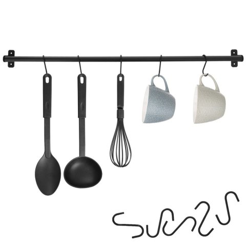 Wieszak reling drążek kuchenny na przybory metalowy czarny haczyki 78,5 cm Wieszak reling drążek kuchenny na przybory metalowy czarny haczyki 78,5 cm