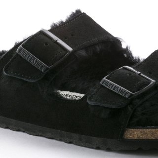 Klapki damskie ocieplane z wełną owczą Birkenstock Arizona VL Shearling Black skóra zamszowa regular szerokie (0752661)