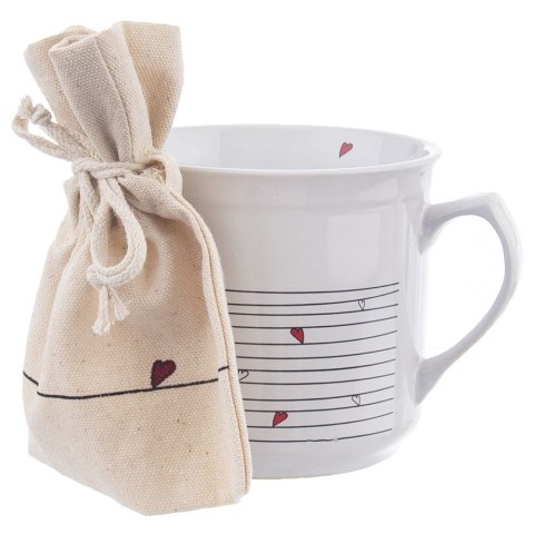 Kubek z woreczkiem ceramiczny biały SERDUSZKA 700 ml Kubek z woreczkiem ceramiczny biały SERDUSZKA 700 ml
