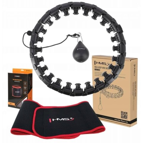 Hula Hop HMS HHW01 z obciążnikiem i wypustkami czarny + pas BR163 czerwony w zestawie
