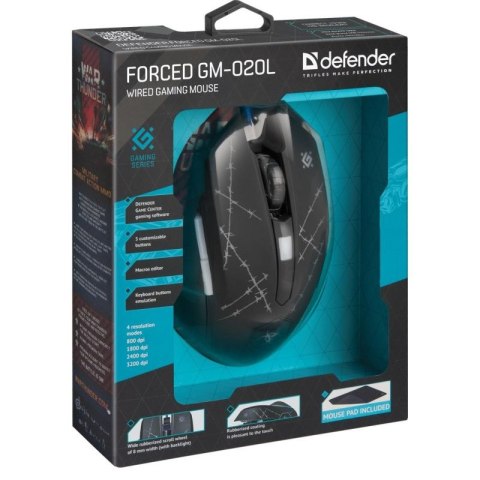 DEFENDER MYSZ PRZEWODOWA FORCED GM-020L 800/1800/2400/3200 DPI 6P + PODKŁADKA + GRA 52020