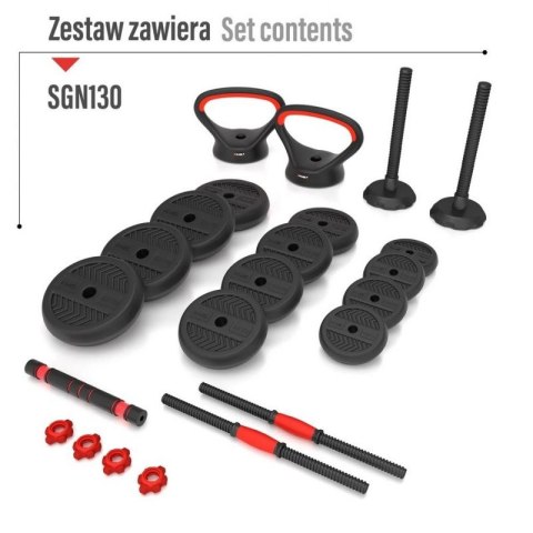 Zestaw ciężarów 6w1 HMS SGN130 (sztanga, sztangielki i kettlebell) 30kg