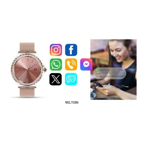 Smartwatch Damski VELTORI VT320-1 Złota Bransoleta + Różowy Pasek Silikonowy